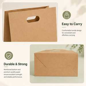 Sac en papier kraft à fond carré avec poignées découpées, porte-aliments recyclable pour boulangerie - Product Image 3