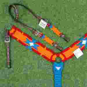 Juego de arreos para caballo de mohair naranja, azul y rojo con cuero argentino, cabezada de mohair de 32 pulgadas para caballo - Product Image 3