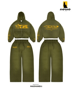 Custom Grunge Vision Streetwear Tracksuit | Cropped <b>Zip</b> Hoodie & Wide Leg Sweatpants | OEM Vintage Electric Blue Fleece Set - Product Image 4
