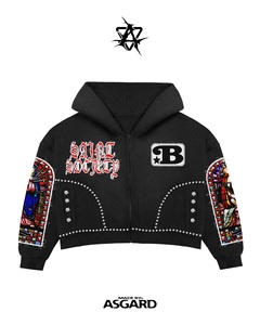 Black Red Saint Society God Bless <b>Studded</b> Zip Up Hoodie & Pants Set | Oversized Streetwear Tracksuit | OEM Private Label - Product Image 3