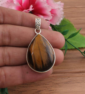 Pendentif en œil de tigre vintage plaqué platine en argent sterling 925 véritable, pierre précieuse naturelle jaune-brun, charme unisexe, bijoux - Product Image 3