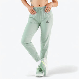 Women's Light Green Knitted Straight <b>Ankle</b>-Length Pants With Drawstring Waist And Logo On Right Leg Casual Spring Wear - Product Image 1