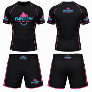 Ensemble short et rashguard de boxe ajustés, noir et rose, imprimé par sublimation, séchage rapide, Spandex/Polyester, unisexe, vêtements de sport pour adultes - Product Image 1
