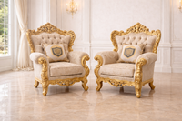 Juego de Sala de Estar Moderno de Madera de Teca de Lujo Estilo Maharani, Acabado Dorado, Juego de Sofás Cómodos de Alta Calidad, Mesa de Centro Personalizada