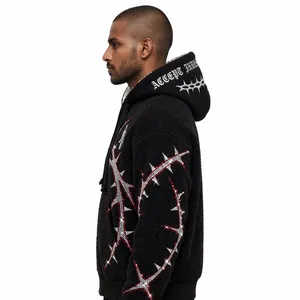 Sudadera con capucha oversize para hombre ACCEPT INDUSTRY, con cremallera, forro polar, estampado de espinas y águila con pedrería, estilo urbano, para invierno. - Product Image 4