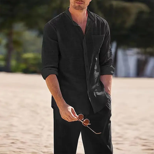 Conjunto Casual de Dos Piezas de Algodón y Lino para Hombre, Camisa de Manga Larga y Pantalón Largo de Color Sólido para Otoño, Traje Holgado para Vacaciones en la Playa - Product Image 3