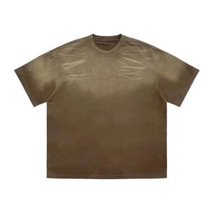 Camiseta de hombre retro de 250G con efecto desgastado y degradado, teñida con spray, de manga corta, hombros caídos, estilo ahumado, con estampado. - Product Image 5