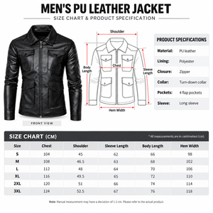 Veste en cuir PU noir pour homme, fermeture éclair sur le devant, col rabattable, multi-poches, coupe ajustée, style motard, vêtement d'extérieur pour l'automne - Product Image 2