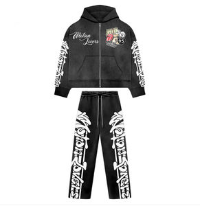 Ensemble de survêtement en molleton délavé pour homme, sweat à capuche zippé et pantalon de survêtement, 100 % coton respirant, tenue décontractée, impression sérigraphique, service OEM - Product Image 1