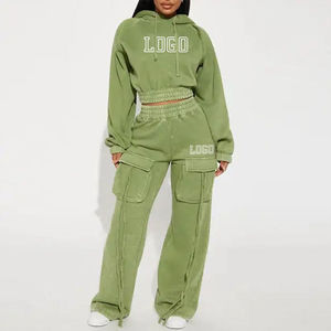 Conjunto de Sudadera Corta y Pantalones Cargo para Mujer, Cintura Alta Elástica, Ropa Deportiva Urbana, Logotipo Personalizado - Product Image 1