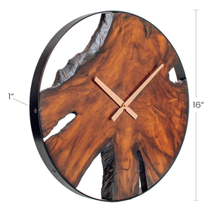 Rustic Wood <b>Wall</b> <b>Clock</b> - Unique <b>Modern</b> Live Edge Teak Dial with Large Black Metal Frame, Silent Non-Ticking Living Room Decor - Product Image 1
