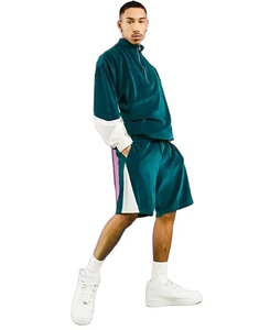 <b>Men's</b> Casual Summer Two-Piece Set Breathable Velvet Stand Neck Long Sleeve Half Zip Sweatshirt Drawstring Side Pockets Shorts - Product Image 3