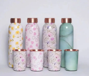 Bouteille d'eau en cuivre imprimée en gros avec coffret cadeau de 2 verres |   Ensemble de vaisselle décorative en cuivre - Product Image 2