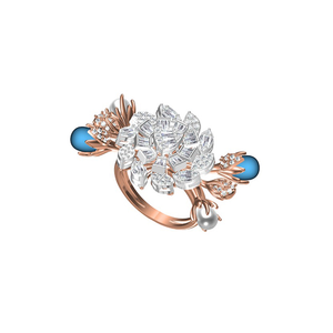 Exquisite Floral Design Rose Gold <b>Ring</b> Featuring Brilliant <b>Crystal</b> Cluster and Blue Stone Accents for Wedding Engagement Party - Product Image 1