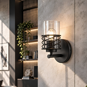 Applique murale industrielle vintage Kestrel noire, luminaire cylindrique en verre avec abat-jour en cage pour entrée et escalier - Product Image 1