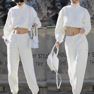 Women Navy Blue Tracksuit Set Full Sleeve Turtleneck Zipper Closure Loose Fit Solid Color Casual Breathable 100% Cotton - Product Image 6