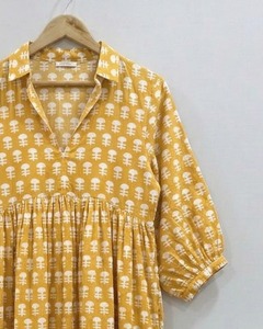 Chemise artisanale imprimée au bloc, 100 % coton, style traditionnel indien, formelle, écologique, respirante, col en V, manches bouffantes, silhouette trapèze - Product Image 5