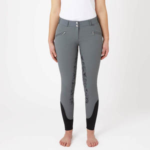 Pantalones de equitación de cintura alta para mujer, largos, color gris con paneles negros y bolsillos, tela de punto elástica en cuatro direcciones - Product Image 1