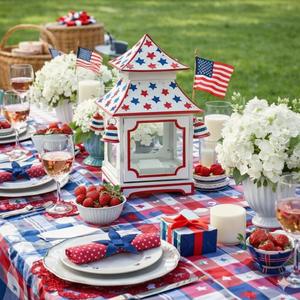 New White with <b>Red</b> & Blue Star <b>Red</b> Trim Pagoda Lantern Handmade With Bells Elegant Indoor Tabletop & Hanging Home Decor Accent - Product Image 2