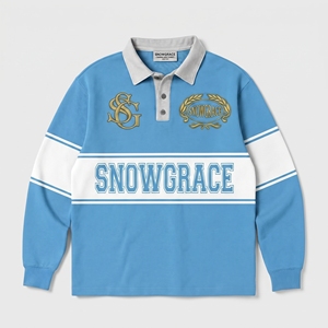 Snowgrace Short for Shirt V-neck Embroidered Logo Relaxed Fit Unisex Adults Spring Summer Breathable Striped Polyester Jersey - Product Image 1