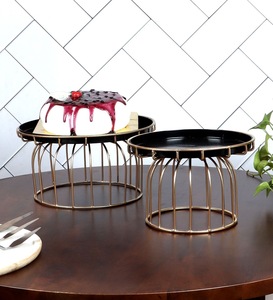Unicorn handicrafts Round Metal <b>Cake</b> <b>Stand</b> <b>Set</b> 2 Pieces Reusable Gold Finish Black Tray Serving Dishware - Product Image 5