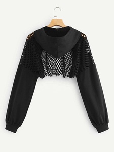 New Arrival Ladies Summer Clothing Crop Hoodies <b>Mesh</b> Contrast Long Sleeve Pullover Crop <b>Top</b> Hoodie for Women - Product Image 2