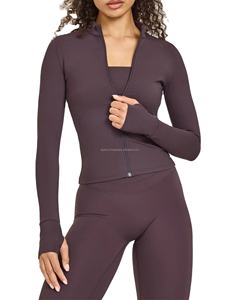 Veste de sport ajustée pour femme, entièrement zippée, col montant, avec passe-pouces, coupe slim, haut de yoga, veste de course, vêtement de sport, antistatique, fermeture avant - Product Image 1