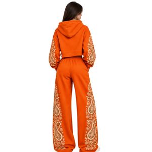 Bright Orange Women Paisley Print Crop Hoodie Wide Leg Pants Two Piece Tracksuit Trendy Streetwear Loose Fit <b>Jogger</b> <b>Matching</b> <b>Set</b> - Product Image 3