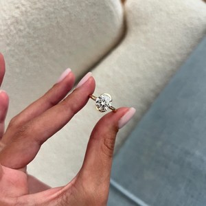 3 Carat Round E VVS2 Lab-Grown Diamond Half Bezel Flush-Set Solitaire <b>Thin</b> Yellow Gold <b>Ring</b> , IGI Certified - Product Image 2