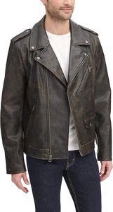 <b>Men's</b> Black Solid Color Genuine <b>Leather</b> Moto <b>Jacket</b> Slim Fit Zipper Closure Turn-down Collar Autumn Style Available For Sale - Product Image 3
