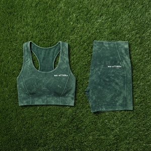 Women Dark <b>Green</b> Acid Wash Yoga <b>Set</b> Sports Bra High Waist Biker Shorts <b>Gym</b> Fitness Workout Activewear - Product Image 5