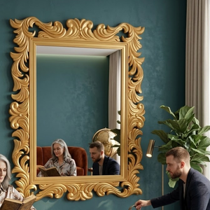 Miroir mural baroque de luxe en or avec cadre sculpté orné de motifs |   Miroir décoratif vintage royal pour la décoration du salon - Product Image 2