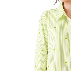 Camisa de Mujer a Rayas Verde Lima y Blanco, Blusa de Algodón de Manga Larga con Botones, Bordado de Corazón, Corte Holgado, Estilo Casual, Talla Grande - Product Image 3