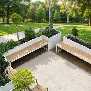 Bancos Modernos para Jardín en Azoteas con Asientos de Listones de Madera, Estructuras Metálicas Blancas y Macetas Integradas para Terrazas Exteriores - Product Image 3