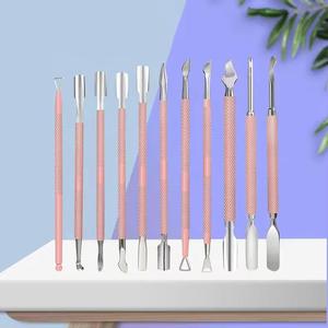 Dual Head Stainless Steel Nail Cuticle Pusher <b>Set</b> Reusable Manicure <b>Tool</b> <b>Pink</b> Handle 10Pcs - Product Image 1