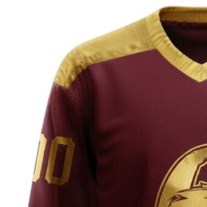 Men Maroon <b>Gold</b> Sublimated Ice Hockey Printable Polyester V Neck Jersey Long Sleeve Sports <b>Shirt</b> Training Match Wear - Product Image 5