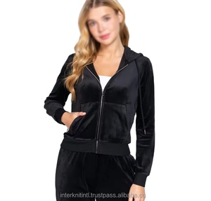 Women's Streetwear Solid Loungewear 2pcs Velour Velvet Hooded Top and Bottom 100% Cotton Tracksuit for Winter Sport Outfit - Product Image 2