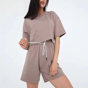 Women's Custom Logo Summer Sports T-Shirt and <b>Shorts</b> Set Solid Color Casual Sports <b>Suit</b> Two Piece <b>Short</b> Set - Product Image 1