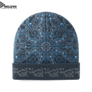 Bonnet tricoté haut de gamme pour adultes, motif circuit de cyclisme, gris foncé et bleu fluorescent, avec revers plié, style bonnet ajusté - Product Image 2