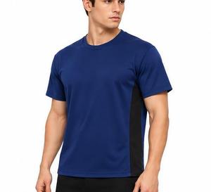 T-shirt pour homme bleu à manches courtes, col rond, coupe classique, séchage rapide, tricoté, 100% coton, couleur unie, logo sur le devant - Product Image 6