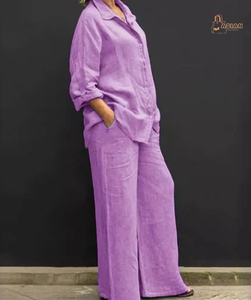 Women Linen <b>Blazer</b> <b>Set</b> Solid Color Loose Fit Two Piece Pantsuit Casual Office Wear - Product Image 6