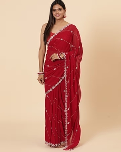 Sari Tradicional de Rayón Color Granate para Mujer, Marca KV, Diseño Evara para Fiestas, con Blusa Sin Coser - Product Image 3