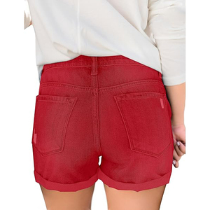 Shorts de mezclilla rojos desgastados para mujer, shorts vaqueros rasgados de tiro alto, pantalones cortos sexys de verano, ajustados con dobladillo deshilachado, pantalones cortos coloridos de moda. - Product Image 3