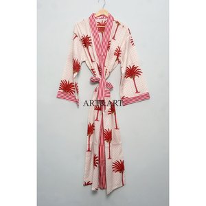 Traditional Block Print Floral Cotton <b>Kimono</b> For <b>Woman</b> Designed As Relaxed Night Wear And Stylish Lounge Robe for sleep wear - Product Image 1