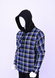 Wholesale Custom Men's Plaid Hooded <b>Flannel</b> Shirt <b>Jacket</b> Long Sleeve Snap Button Casual Shacket with Chest Pocket - Product Image 3