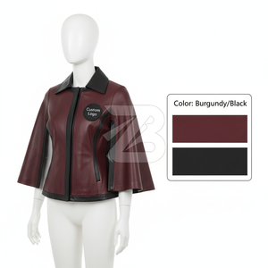 Women Genuine Leather Cape Sleeve Jacket Custom Logo OEM ODM Wholesale Color Block Fashion <b>Coat</b> Women's Jackets - Product Image 5