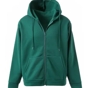 Sweat-shirt à capuche zippé vert uni pour homme, coupe classique, 100 % coton French Terry, décontracté, pour l'automne - Product Image 1
