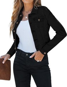 Veste en jean noir ciré pour femme, col rabattu, fermeture boutonnée, manches classiques, couleur unie, tenue décontractée d'automne, coupe ajustée - Product Image 3