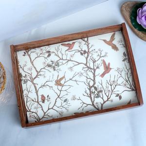 Bandeja Rectangular Decorativa con Estampado de Colibrí Rosa y Flor de Cerezo, Bandeja de Madera de Lujo para Servir, Venta al Por Mayor para Pedidos al Mayoreo - Product Image 1
