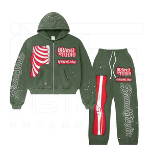 2026 Men's Vintage Oversized Fleece Solid Hoodie Jogger Set Distressed Washed Streetwear Tracksuit Custom Logo Beanie Winter - Product Image 3